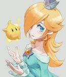  1girl bare_shoulders blonde_hair blue_eyes breasts closed_mouth crown dress earrings hair_over_one_eye jewelry long_hair looking_at_viewer lowres nail_polish nemurism rosalina simple_background solo star_(symbol) super_mario_bros. super_mario_galaxy 