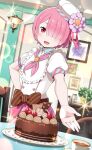  1girl :d apron bow brown_bow cake food hair_over_one_eye hair_ribbon hand_on_hip hat highres lens_flare looking_at_viewer open_mouth pink_hair pink_ribbon ram_(re:zero) re:zero_kara_hajimeru_isekai_seikatsu red_eyes ribbon shiny shiny_hair short_hair short_sleeves smile solo standing striped striped_bow sweet_potato white_apron white_headwear 