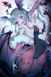  1girl bat bat_wings breasts fangs green_hair head_wings highres kamochiru leotard looking_at_viewer morrigan_aensland pantyhose pointy_ears solo thick_thighs thighs vampire vampire_(game) violet_eyes wings 