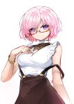  1girl blush bracelet breasts casul closed_mouth earrings eyebrows_visible_through_hair fate/grand_order fate_(series) glasses highres hoop_earrings jewelry large_breasts lips looking_at_viewer mash_kyrielight pink_hair rectangular_eyewear red-framed_eyewear semi-rimless_eyewear short_hair smile solo under-rim_eyewear violet_eyes 