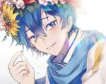  1boy blue_eyes blue_hair bsgkstnals03 flower hair_flower hair_ornament hand_up head_wreath kaito_(vocaloid) long_sleeves looking_at_viewer scarf simple_background smile solo vocaloid 