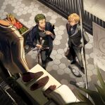  2boys absurdres bird blonde_hair dove formal from_above green_hair highres kotomine_(a1569) male_focus multiple_boys one_piece outdoors pointing roronoa_zoro sanji sheath sheathed smile standing suit 
