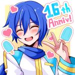  1boy anniversary blue_hair blue_scarf blush closed_eyes coat commentary heart highres ice_cream_bar kaito_(vocaloid) male_focus open_mouth scarf smile solo suzuse_tsubasa upper_body v vocaloid white_coat 