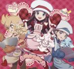  1girl 2boys :d alcremie alcremie_(strawberry_sweet) apron bangs barry_(pokemon) blonde_hair blue_shirt bowl box brown_hair brown_pants brown_shirt chef_hat chinese_commentary commentary_request cooking dress hands_up hat heart heart-shaped_box hikari_(pokemon) holding holding_bowl huan_li knees_together_feet_apart leg_warmers lucas_(pokemon) multiple_boys official_alternate_costume oven_mitts pants pokemon pokemon_(game) pokemon_dppt pokemon_masters_ex red_dress red_footwear red_mittens shirt shoes short_hair short_sleeves smile w_arms white_headwear 