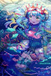  1girl 8-bit aqua_eyes aqua_hair coral_reef crown digital_dissolve futaba_sana goat_horns highres horns magia_record:_mahou_shoujo_madoka_magica_gaiden magical_girl mahou_shoujo_madoka_magica smile solo totte underwater 