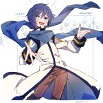  1boy :d blue_eyes blue_hair coat hands_up happy_birthday hazime highres kaito_(vocaloid) long_sleeves male_focus scarf smile solo vocaloid 