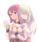  2girls ghost highres himuro_rabi hug hug_from_behind kanechitomoyo long_hair magia_record:_mahou_shoujo_madoka_magica_gaiden mahou_shoujo_madoka_magica multiple_girls pink_eyes pink_hair school_uniform shirogane_(magia_record) smile white_background white_hair 