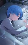  1girl bed_sheet blue_hair closed_eyes closed_mouth from_above hair_ornament hair_over_one_eye highres indoors long_sleeves lying object_hug on_side pillow pillow_hug re:zero_kara_hajimeru_isekai_seikatsu rem_(re:zero) shiny shiny_hair shirt short_hair sleeping smile solo under_covers upper_body white_shirt x_hair_ornament 