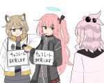  3girls ambriel_(arknights) animal_ears arknights bangs brown_hair closed_mouth food food_in_mouth gloves grey_eyes halo jacket kirara_(arknights) kumamoto_aichi long_hair multiple_girls nail_polish open_clothes open_jacket pink_hair pocky short_hair side_ponytail translated utage_(arknights) violet_eyes white_background 