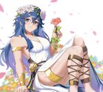  1girl alternate_costume blue_eyes blue_hair blush breasts burnt_green_tea fire_emblem fire_emblem_awakening fire_emblem_heroes flower hair_between_eyes highres long_hair looking_at_viewer lucina_(fire_emblem) official_alternate_costume simple_background smile solo 