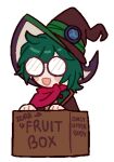  1boy amai_umimaru_(artist) blush_stickers box glasses green_hair hat hat_ornament in_box in_container indie_virtual_youtuber lowres neckerchief open_mouth red_neckerchief red_neckwear simple_background smile solo transparent_background wizard wizard_hat zurafruit 