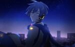  1boy blue_eyes blue_hair city_lights cityscape earphones highres kaito_(vocaloid) kaito_(vocaloid3) looking_at_viewer male_focus night night_sky parang_99 sky smile solo star_(sky) starry_sky vocaloid 