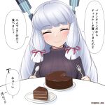  1girl alternate_costume black_sweater breasts cake cake_slice closed_eyes cypress eyebrows_visible_through_hair food fork hair_ribbon headgear holding holding_fork holding_spoon kantai_collection long_hair long_sleeves medium_breasts murakumo_(kancolle) murakumo_kai_ni_(kancolle) plate ribbon sidelocks silver_hair smile solo speech_bubble spoon sweater translated tress_ribbon 