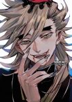  1boy backlighting bangs black_hair blonde_hair blood blood_from_mouth douma_(kimetsu_no_yaiba) fangs fingernails grin hair_ornament hand_up japanese_clothes kadeart kimetsu_no_yaiba long_bangs long_fingernails long_hair long_sleeves looking_at_viewer male_focus multicolored_eyes open_mouth portrait sharp_fingernails smile solo spiky_hair swept_bangs thick_eyebrows turtleneck twitter_username 