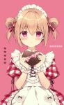  1girl apron bangs blonde_hair blush chocolate collared_dress double_bun dress food heart highres holding holding_chocolate holding_food looking_at_viewer maid_headdress miyasaka_miyu open_mouth original pink_eyes ribbon simple_background valentine 