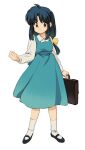  1girl blue_hair brown_eyes clenched_hand closed_mouth dress full_body long_hair looking_at_viewer nemurism ranma_1/2 school_briefcase simple_background solo tendou_akane white_background 