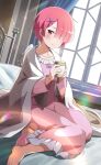  1girl barefoot bed_sheet bedroom bow closed_mouth collarbone cup dress hair_ornament hair_over_one_eye highres holding holding_cup indoors lens_flare long_dress looking_at_viewer on_bed pink_dress pink_hair purple_bow ram_(re:zero) re:zero_kara_hajimeru_isekai_seikatsu red_eyes shiny shiny_hair short_hair sitting sitting_on_bed sleepwear smile solo sunlight x_hair_ornament 