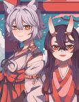  2girls absurdres animal_ears black_hair blush bobamiruku brown_eyes chiyo_(genshin_impact) closed_mouth detached_sleeves eyebrows fang fox_ears fox_girl genshin_impact grey_hair hair_between_eyes highres horns japanese_clothes kitsune_saiguu lips looking_at_viewer miko mole mole_under_mouth multiple_girls oni_horns open_mouth red_eyes skin_fang smile 