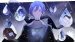  1boy blue_eyes blue_hair choker highres jacket kaito_(vocaloid) long_sleeves male_focus parang_99 scarf smile snowflakes solo vocaloid water_drop 