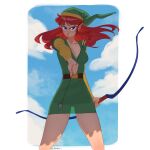  1girl absurdres arrow_(projectile) blue_eyes bow_(weapon) breasts genderswap genderswap_(mtf) green_headwear hat highres l4wless link link_(shounen_captain) long_hair pink_hair pointy_ears redhead see-through_shirt serious the_legend_of_zelda_(nes) tunic weapon 