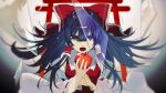  1girl alternate_eye_color alternate_hair_color apple ascot bangs blue_eyes blunt_bangs bow collar dark_blue_hair detached_sleeves english_commentary food frilled_bow frilled_collar frilled_hair_tubes frills fruit gradient gradient_background hair_between_eyes hair_bow hair_tubes hakurei_reimu highres holding holding_food holding_fruit ikasoba long_hair long_sleeves looking_at_viewer lower_teeth open_mouth red_bow red_vest ribbon-trimmed_sleeves ribbon_trim shards shiny shiny_hair sidelocks solo straight_hair teeth tongue torii touhou upper_body vest white_sleeves wide_sleeves yellow_ascot 