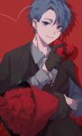  1boy blue_eyes blue_hair bouquet candy chocolate earrings flower food formal gloves heart heart-shaped_chocolate highres holding holding_chocolate holding_food jacket jacket_on_shoulders jewelry ka_i_to0 kaito_(vocaloid) looking_at_viewer male_focus rose smile solo suit vocaloid 