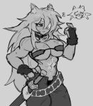  1girl abs animal_ears artist_name biceps eyebrows_visible_through_hair eyepatch fingerless_gloves ghislaine_dedoldia gloves greyscale hair_over_one_eye highres long_hair looking_away messy_hair monochrome muscular muscular_female mushoku_tensei sketch solo widisu 