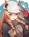  1girl animal_ears arknights arm_at_side bangs black_jacket blonde_hair braid ceobe_(arknights) ceobe_(unfettered)_(arknights) chain commentary_request dog_ears dog_girl ear_ornament ears_through_headwear eyebrows_visible_through_hair eyes_visible_through_hair gloves hair_between_eyes hair_tie hand_up highres jacket light_blush light_smile long_hair long_sleeves looking_at_viewer oversized_clothes paw_print pouch red_eyes red_gloves scarf shirt solo tongue tongue_out translucent_hair twin_braids upper_body v white_background yunweishukuang 