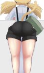  1girl absurdres ass back blonde_hair cat_tail commentary feet_out_of_frame from_behind girls_frontline highres idw_(girls&#039;_frontline) leaning_on_table legs medium_hair pouch shirt shorts sleeves_rolled_up solo suspenders tail twintails white_shirt yonao 