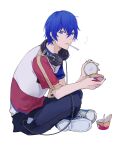  1boy blue_eyes blue_footwear blue_hair blue_nails cable commentary crossed_legs denim digital_media_player food food_on_face from_side full_body headphones headphones_around_neck highres ice_cream_cup indian_style jeans jewelry kaito_(vocaloid) looking_at_viewer male_focus mouth_hold nail_polish necklace notice_lines opening_can pants project_sekai shirt shoes short_sleeves simple_background sitting sneakers solo spoon utensil_in_mouth vocaloid white_background yinnnn 
