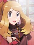  1girl :d blonde_hair brown_dress clothing_cutout commentary_request dress eyelashes grey_eyes hair_ribbon highres jeri20 long_hair looking_at_viewer official_alternate_costume open_mouth pokemon pokemon_(game) pokemon_masters_ex red_ribbon ribbon serena_(pokemon) shoulder_cutout sidelocks smile solo strap tied_hair tongue twitter_username upper_body watermark window 
