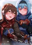  2girls ;d absurdres amber_(genshin_impact) bird black_gloves blue_hair blue_scarf blush branch brown_hair earmuffs english_text eula_(genshin_impact) genshin_impact gloves hairband heart highres long_sleeves multiple_girls newmoonshira one_eye_closed open_mouth red_gloves red_scarf scarf smile snow snowing valentine winter_clothes yellow_eyes 
