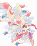  blue_eyes chocolate closed_mouth commentary from_above highres kotone11152 lying mouth_hold no_humans on_back pokemon pokemon_(creature) smile solo sylveon twitter_username valentine 