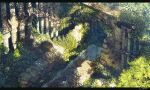  arch artist_name bush commentary_request dappled_sunlight day grass letterboxed no_humans original outdoors pillar ruins scenery signature stairs sunlight tree waisshu_(sougyokyuu) 