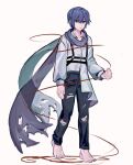  1boy barefoot blue_eyes blue_hair ka_i_to0 kaito_(vocaloid) long_sleeves male_focus project_sekai scarf solo strap thread vocaloid walking white_background 