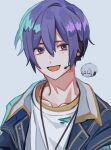  1boy blue_hair chibi chibi_inset earphones highres jacket jewelry ka_i_to0 kaito_(vocaloid) male_focus necklace project_sekai simple_background smile solo violet_eyes vocaloid 