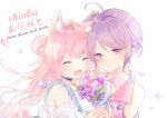  2girls alvle animal_ears blush bouquet cat_ears cat_girl closed_eyes crying flower hair_ornament highres indie_virtual_youtuber kinosada multiple_girls pale_skin pink_hair ponytail purple_hair shinba_(vtuber) violet_eyes virtual_youtuber 