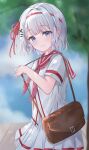  1girl bag bangs blue_eyes blurry blush breasts closed_mouth eyebrows_visible_through_hair hair_ornament hairband hairclip looking_at_viewer outdoors pu_lona school_uniform serafuku shirt short_hair short_sleeves shoulder_bag siesta_(tantei_wa_mou_shindeiru) silver_hair sky smile solo tantei_wa_mou_shindeiru uniform white_hair white_shirt x_hair_ornament 