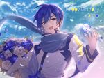  1boy attakaito_(vocaloid) backlighting blue_eyes blue_flower blue_hair blue_nails blue_rose blue_scarf bouquet character_name clouds cloudy_sky coat commentary confetti cube dated flower glowing half-closed_eyes hand_up happy_birthday headset highres holding holding_bouquet kaito_(vocaloid) looking_at_viewer male_focus nail_polish open_mouth outdoors parang_99 rose scarf sky smile solo sparkle vocaloid white_coat white_flower white_rose yellow_flower 