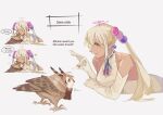  animalization bird blonde_hair bread dark-skinned_female dark_skin english_text feathers fongban_illust food hair_ornament hololive hololive_english limiter_(tsukumo_sana) long_hair nanashi_mumei nanashi_mumei_(owl) owl tsukumo_sana twintails virtual_youtuber yellow_eyes 