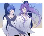  2boys belt_collar blue_hair blue_scarf closed_eyes collar commentary hands_in_pockets instrument_case instrument_on_back kaito_(vocaloid) kamui_gakupo long_hair looking_at_another male_focus multiple_boys one_eye_closed open_mouth ponytail purple_hair scarf shirt smile standing upper_body violet_eyes vocaloid white_shirt yinnnn 
