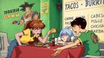  1boy 2girls apron arguing arizona_(drink) arm_support ayanami_rei bangs beer_bottle beige_shirt black_eyes black_hair blue_choker blue_eyes blue_hair blue_skirt bob_cut bottle bracelet breasts brown_hair canned_tea chair choker closed_mouth club_america coca-cola commentary cowboy_shot dragon_ball drinking_straw earrings eating english_commentary eyebrows_visible_through_hair food fruit furrowed_brow green_shirt hair_between_eyes hairpods highres holding holding_bottle holding_food holding_plate ikari_shinji jewelry leaning_on_table lime_(fruit) long_hair looking_at_another medium_breasts mexican_dress mrmiguelart multiple_girls muscular muscular_male neon_genesis_evangelion open_mouth orange_hair orange_shirt patio_chair plate pleated_skirt polo_shirt red_eyes shirt short_hair short_sleeves sign signature sitting skirt smile son_goku souryuu_asuka_langley spanish_text speaker standing table tablecloth taco teeth two_side_up upper_teeth v-shaped_eyebrows virgin_mary white_apron yellow_shirt 