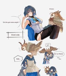  animal_on_head animalization bangs bird blue_eyes blue_hair bow bow_earrings breasts chain detached_sleeves earrings english_text eyebrows_visible_through_hair feathers fongban_illust gloves hair_intakes hair_ornament highres hololive hololive_english jewelry large_breasts multiple_girls nanashi_mumei nanashi_mumei_(owl) on_head ouro_kronii owl short_hair virtual_youtuber 