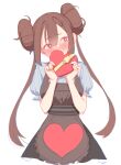  1girl alternate_costume apron bangs blue_eyes blush box brown_apron brown_hair closed_mouth commentary_request double_bun embarrassed eyebrows_visible_through_hair gift grey_shirt heart heart-shaped_box heart-shaped_pupils holding holding_gift korean_commentary long_hair looking_away looking_to_the_side pokemon pokemon_(game) pokemon_bw2 raised_eyebrows rosa_(pokemon) shirt short_sleeves sidelocks skirt solo symbol-shaped_pupils twintails valentine vuhh2574 