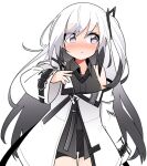  1girl bag bangs blush character_request closed_mouth collarbone copyright_request cowboy_shot eyebrows_visible_through_hair grey_eyes ini_(inunabe00) jacket long_hair long_sleeves looking_to_the_side simple_background solo standing white_background white_hair white_jacket 