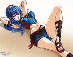  arms_behind_back artist_name belt blue_eyes blue_hair blue_shirt blue_shorts breasts brown_belt brown_footwear closed_mouth dated english_text fire_emblem gladiator_sandals long_hair looking_at_viewer lucina_(fire_emblem) lying midriff mina_cream on_back on_ground sandals shirt shorts sleeveless sleeveless_shirt 
