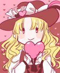  1girl blonde_hair blush bow brown_headwear brown_vest closed_mouth commentary_request frilled_hat frills hat hat_bow hat_feather hat_ornament heart heart_hat_ornament holding holding_heart jacket_girl_(dipp) long_hair long_sleeves owannu red_eyes shirt smile touhou upper_body vest wavy_hair white_shirt |_| 