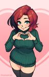  1girl black_hair black_legwear blush breasts commentary english_commentary eyebrows_visible_through_hair green_eyes green_sweater heart heart_hands highres large_breasts long_sleeves monorus multicolored_hair original redhead remi_(monorus) ribbed_sweater short_hair smile solo sweater thigh-highs turtleneck turtleneck_sweater two-tone_hair 