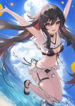 1girl :d absurdres armpits arms_up bangs beach bikini black_bikini black_footwear black_hair breasts colored_tips commentary_request floating_hair flower-shaped_pupils frilled_bikini frills genshin_impact gradient_hair hair_between_eyes highres hu_tao_(genshin_impact) jumping long_hair looking_at_viewer multicolored_hair open_mouth outstretched_arms red_eyes redhead shoes small_breasts smile solo splashing swimsuit symbol-shaped_pupils teeth thigh_strap thighs twintails upper_teeth very_long_hair water yi_(saver5607) 