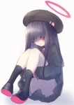  absurdres beret black_hair black_serafuku blue_archive commentary_request covered_eyes full_body gloves halo hat highres justice_committee_club_member_(blue_archive) long_hair looking_at_viewer open_mouth school_uniform serafuku shi0n_krbn shoes simple_background sitting thighs white_background 